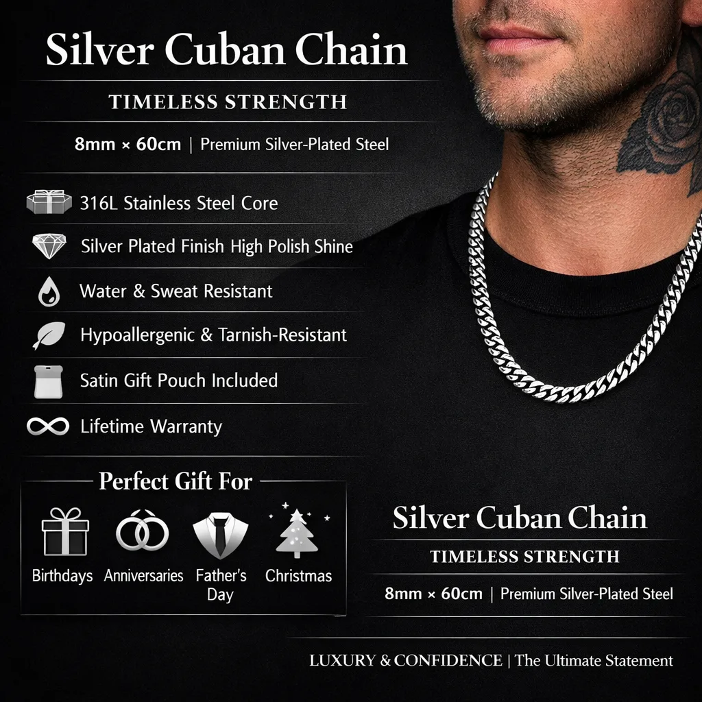 Men’s Premium Silver Cuban Link Chain - 8mm Silver Chain (60cm) - Image 2