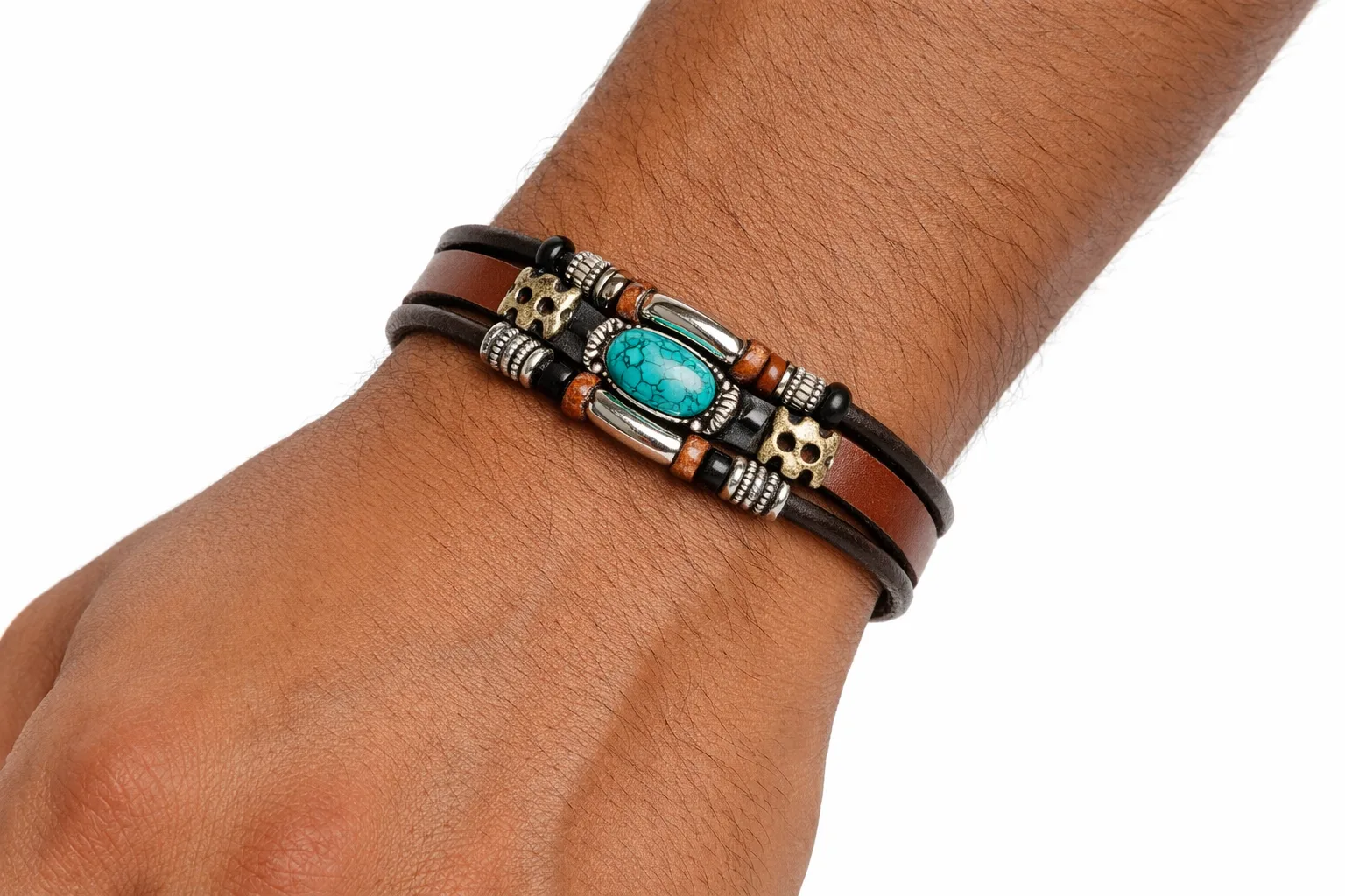 Vintage Turquoise-Beaded Faux Leather Bracelet - Image 3