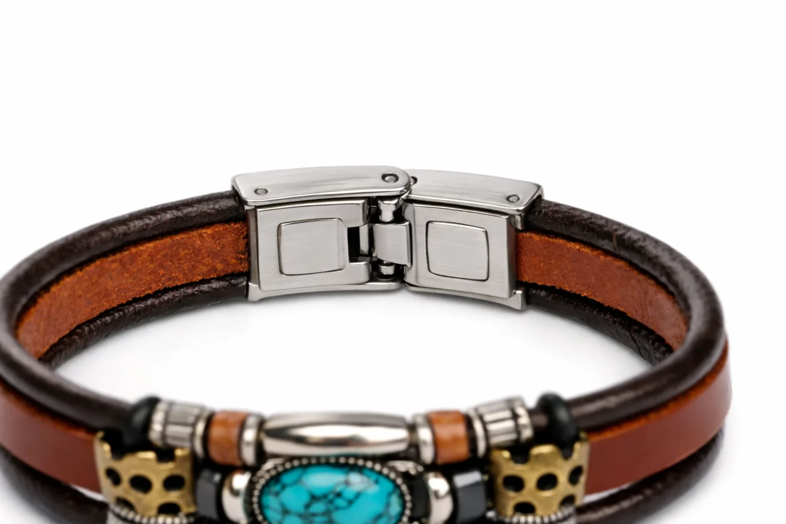 Vintage Turquoise-Beaded Faux Leather Bracelet - Image 4