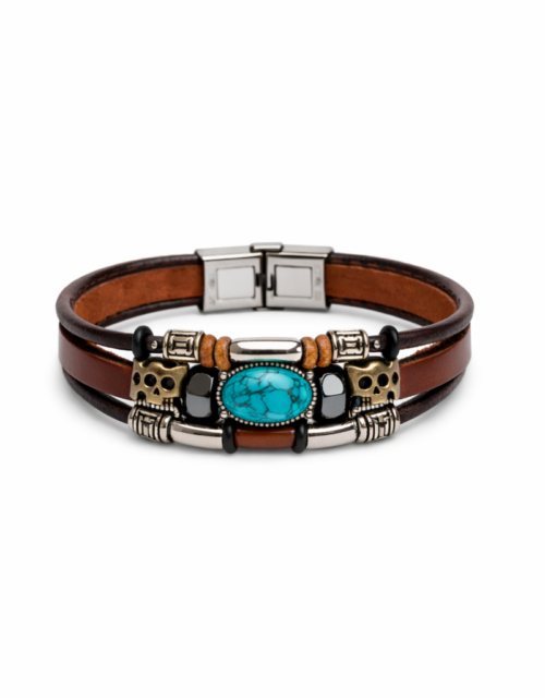 Vintage Turquoise-Beaded Faux Leather Bracelet