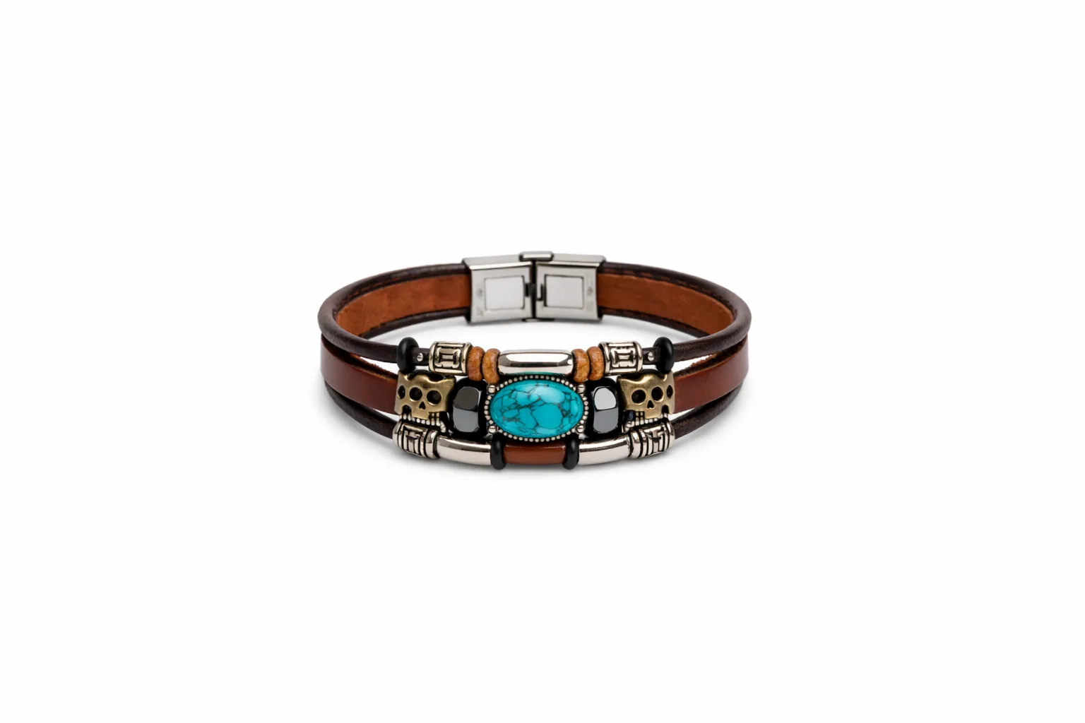 Vintage Turquoise-Beaded Faux Leather Bracelet